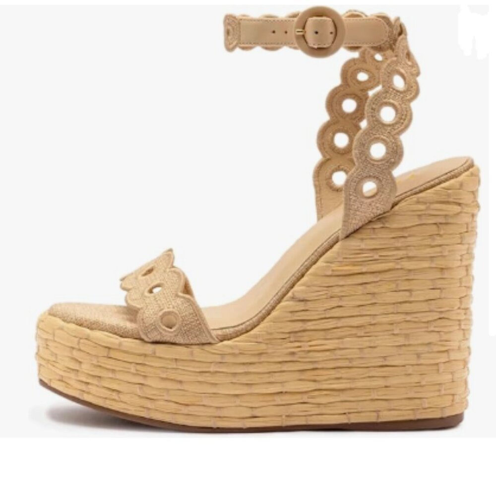 YDN Khaki Wedges High Heel Open Toe Sandal Adjustable Strap Buckle Platform Shoe